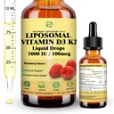Vloeibare vitamine D3 K2 druppels met calcium Magnesium Omega3, hoge potentie 5-in-1 D3 K2 vitamine 5000 IE supplement voor botgezondheid, harttanden & Immue, Ultra hoge absorptie Liposomale D3K2 plantenbasis