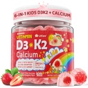 Vitamine D3 K2 + Calcium Liquid-filled Gummies for Kids & Teens, 1000IU / 2000IU D3 with Magnesium, Algal Omega 3, Kids Vitaminen for Bones & Teeth, Calcium Absorptie, Hersenen, Immune, Suikervrij, 60Ct