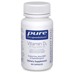 Pure Encapsulations Vitamine D3 25 mcg (1.000 IE) - Supplement ter ondersteuning van bot, gewrichts-, borst-, hart-, colon- en immuungezondheid - met Premium Vitamine D - 60 capsules