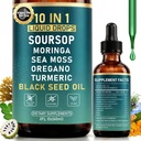 10-in-1 Soursop Bitters Liquid Drops for Gut Cleanse & Immune Boost & Detox with Sea Moss, Moringa, Black Seed Oil, Turmeric, Ashwagandha, VC, VD - 2 Fl Oz - Non-GMO, Vegan
