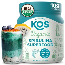 KOS Organic Spirulina Powder - USDA Certified Organic, 109 Servings of Superfood Powder for Smoothies & Juices, Non-Ir emittered Blue Green Algen, Plant Based with Antioxidants, Vegan (13.5oz)