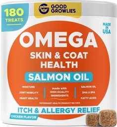 Omega 3 Visolie voor honden (180 Ct) - Huid- en mantelkauwers - Droge en jeukende huidrelief + Allergie-ondersteuning - Glanzende mantels - EPA&DHA-vetzuren - Natuurlijke zalmolie Kauwt bevordert hart, hiep & gezamenlijke ondersteuning