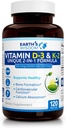 Earth's Wisdom Vitamin D3 5000 IE met K2 (MK7) Formule. Spier, bot, hart en immuun ondersteuning. Superieure absorptie. 120 capsules. Vrij van Gluten, Dairy, Soy. Vervaardigd in de VS.