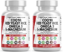 Clean Nutraceuticals COQ10 200mg Red Yeast Rice Flax Seed Magnesium Blend Niacin Zinc Vitamin K2 D3 - Heart Support Vitamins for Women & Men w/Vitamin B3, Coenzyme Q10-60 Ct (Pack of 2)