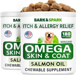 BARK&SPARK Omega 3 voor honden - 360 Visolie Treats for Dog Shedding, Skin Allergie, Itch Relief, Hotspots Treatment - Joint Health - Skin and Coat Supplement - EPA & DHA Fatty Acids - Salmon Oil -Bacon