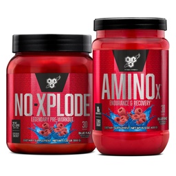 BSN Workout bundel van NO XPLODE Pre Workout Powder Blue Raz, 30 Serves Amino X Muscle Recovery Intra Workout Ondersteuning, Cafeïne Gratis Blue Raz, 30 Servers