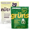 Gruns Superfood Green + NEW Nütrops Gummy Bear Sugar-Free Bundle, Nutritional Supplement 2-Pack, multivitamin + prebiotics + Greens + Nootropic Mushroom Herbal Supplement to Support Mood and Focus