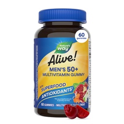 Nature's Way Alive! Heren 50 Plus Multivitamine Gummy, Dagelijks Kauwbare Multivitaminen voor mannen met B-vitaminen, Vitamine D3 & Zink, Ondersteunt Hart, Eye & Energy Metabolisme,* Fruit-gearomatiseerd, 60 Gummies