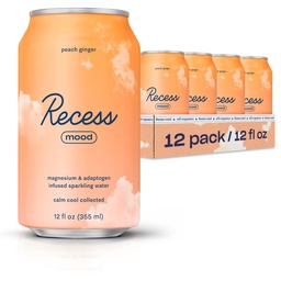 Recess Mood Magnesium & Adaptogen Drink, Relaxatie Drank, 12 ounce (Peach Ginger, 12 pack)
