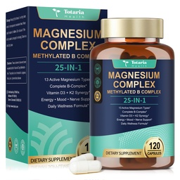 25-in-1 Magnesium Complex w/Methylated B Complex Women Men, 120 Vegan Caps