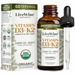 Live Wise Naturals Vegan D3 K2 Vitamine 5000 IE, 90 MCG (MK-7) Druppen - 60 porties, ultrageconcentreerde vorming en snelle absorptie - Precisie Micro-Dosing Dropper voor Cognitieve & Immuun Ondersteuning