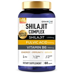 Granions Pure Shilajit voor mannen Capsules - Fulvic Acid Supplement, 1000mg Himalaya Shilajit met vitamine B6 - Ultra-energie, vitaliteit en hersenen Ondersteuning voor mannen en vrouwen supplementen - 60 capsules