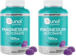 Qunol Magnesium Glycinate Gummies,120mg of Magnesium Glycinate,High Absorption,Mixed Berry,90 Count (Pack of 2)