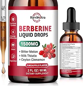 Berberine HCL Liquid Drops, 1500mg Berberine Supplement met Ceylon Cinnamon, Bitter Melon, Milk Thistle for Immune, Digestie System & Heart Health, 2 Fl Oz, Suikervrije Ananas Flavor