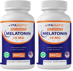 Vitamatic Melatonin 10 mg Tablets | Vegetarian, Non-GMO, Gluten-Free | 1-Year Supply | Natural Berry Flavor - 365 Tablets (Pack of 2)