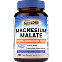 Vitalibre Magnesium Malate 240 Capsules, Chelated Magnesium Supplement with Malic Acid, Energy Production& Nervous System Support, Enhanced Absorption, Vegan Friendly, Non GMO, Gluten Free