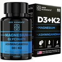 Magnesium Glycinate 1500mg with Ashwagandha 300mg + Vitamin D3 10,000 IU & K2 (MK-7) 200mcg – Stress Relief, Calm Mood & Bone Support – High Absorption Vegan Capsules – Non-GMO