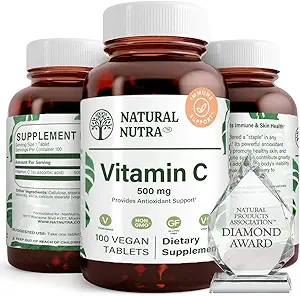 Natuurlijke Nutra Vitamine C Supplement 500 mg, Boost Immuun Systeem, bevordert de gezondheid van het hart, helpt reguleren Metabolisme, helpt bevordert vochtregulatie en huidtextuur, algemene gezondheid van het lichaam, 100 Vegan Tablet
