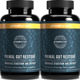 Primal Oogst 2 Pack, Restore voor Gut Health, Primal Gut Restore w/POSTbiotica, PREbiotica en PRObiotica voor vrouwen en mannen, 60 CT - Digestie, Colon Reiniging, helpt Leaky Gut Repair