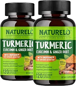 NATURELO Turmeric Curcumin - BioPerine for Better Absorptie - Black Pepper, Gemberwortel, Curcuminoïden - Plant-Based Joint Discomfort Support - 120 Vegan Capsules (Pack of 2)
