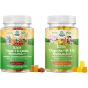 Bundle of Plant Based Kids Multivitamin Gummies with Vitamins A, C, D3, E, B6 & B12, Zinc & Iodine and Kids DHA Omega 3 Gummies with Vegetarian 6 9 for Vision Brain & Immunity - Non GMO Supplement