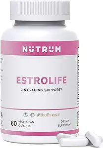 Estrolife Anti-Aging Ondersteuning voor vrouwen door Nutrum, Veganistisch supplement voor langdurige vrouwelijke Hormonale Balance, ovariële functie, huidhydratatie, elasticiteit en stevigheid, Menopauze Relief, 60 capsules