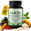 NAD Resveratrol Supplement 200mg with Berberine NAC Collagen - Nicotinamide Riboside NMN NADH CoQ10 Biotin Hyaluronic Acid - Hair Skin Nails Supplement - 60 Capsules