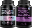 29-in-1 Methylated Multivitamin for Men & Women with Omega 3, Active B12, 5-MTHF Folate (70ct) & 12-in-1 Melatonin Sleep Capsules with Melatonin 5mg and Magnesium Glycinate 500mg Bundle (90 ct)