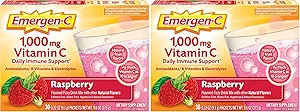 Emergen-C (30 Count, Raspberry Flavor, 1 maand Supply Dieetsupplement Fizzy Drink Mix met 1000mg vitamine C, 0,32 Ounce Packets, Cafeïnevrij (pakket van 2)