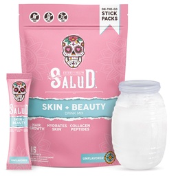 Salud 2-in-1 Skin + Beauty Drink Mix Packets, Unflavored, Collagen Peptides with Verisol, Hyaluronic Acid, Vitamin C, Biotin + Lustriva, Hydration Sticks, Gluten Free, (15 Servings)