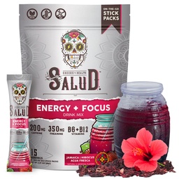 Salud 2-in-1 Energy Drink Powder + Focus, Hibiscus, Organic Caffeine, B6 + B12, Theanine, Clean Energy Drink Packets, Jamaica Agua Fresca Mix, Non-GMO, Gluten Free, Vegan, 1g of Sugar, (15 Servings)