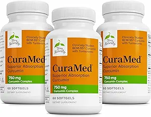 Terry Naturally CuraMed 750mg - Antioxidant Supplement for Brain & Heart Health - Supplement with High-Potency Curcumin Complex - Nier, Lever & Immune Health Support - 60 Softgels (Pack of 3)