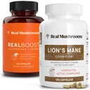 Real Mushrooms RealBoost (60ct) and Lions Mane (120ct) Capsules Bundle - Mushroom Supplement for Energy, Vitality & Cognition - Energy & Brain Vitamins w/Cordyceps, Ginseng, Guayusa - Vegan, Non-GMO