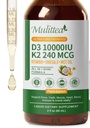 Mulittea Vitamin D3 K2 Liquid 10000 IU w/Vegan Omega-3 & Coconut MCT Oil - Maximum Strength Vitamin D Supplement, No Fillers, Non-GMO K2 as MK7 for Bones, Muscles & High Absorption-2 Fl Oz 1pack