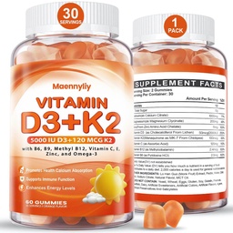Vitamine D3 K2 Gummies voor volwassenen - Vitamine D3 5000IU + K2 (MK-7) 120mcg - Suikervrije D3 en K2 Supplementen met Omega-3, Methyl B12, B9, B6, Vitaminen E & Zink - voor Calcium Absorptie & Immune Health