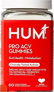 HUM Pro Apple Cider Vinegar Gummies with Probiotics for Digestive Health & Gut Health,100% Organic Apple Cider Vinegar with Mother Gummy Vitamins, Vitamin B12 for Energy Support, 60 ACV Gummies