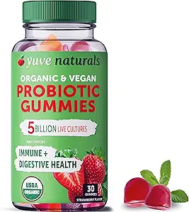 Yuve Vegan USDA Biologische Probiotische Gummies - 5 Miljard CFU - Bevordert Digestieve Gezondheid & Immuniteit - Helpt bij Constipatie, Opgeblazen gevoel, Detox, Leaky Gut & Gas Relief - Natural, Non-GMO, Glutenvrij 30ct