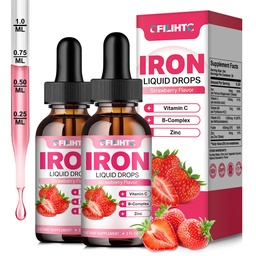 Liquid Iron Supplement for Women Men & Kids Multivitamine Iron Drops with Folate, Vitamin C, B6, B12, Zink for Anemia, Iron Deficency, Blood Builder, Energy - Natural Strawberry Flavor, Vegan 4 Fl Oz