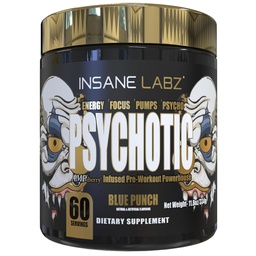 Insane Labz Psychotic Gold, High Stimulant Pre Workout Powder, Extreme Lasting Energy Focus, Pumps en Endurance met Beta Alanine, DMAE Bitrate, NO Booster (60 Servings, Blue Punch)