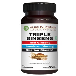 Pure Nutrition Triple Ginseng - een unieke en effectieve combinatie van rode Ginseng, Amerikaanse Ginseng en Siberische Ginseng. 790 mg per capsule 60 Veg Caps Pack