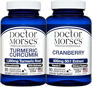 Doctor Morse Turmeric Curcumin 1950mg & Cranberry 30000mg Bundle - Gezamenlijke ondersteuning, Urine Tract Health, en Immune Boost met BioPerine & Vitamine C, FDA-geregistreerd, NSF-gecertificeerd 90 Capsules