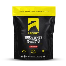 Ascent 100% Whey Protein Powder - Post Workout Whey Protein Isolate, Zero Artificial Flavors & Sweeteners, Gluten Free, 5.5g BCAA, 2.6g Leucine, Essential Amino Acids, Strawberry 1.7 lb