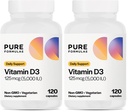 PureFormulas Vitamin D3 5,000 IU 125 mcg - Pure Vitamin D Supplement for Healthy Bone Formation, Teeth, Cardiovascular Health, and Immune Support Non-GMO - 120 Count Vegetarian Capsules (Pack of 2)