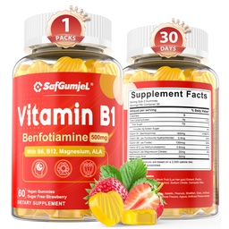 Vitamine B1 Gummies 500 mg Benfotiamine 500 mg met vitamine B6 B9 B12 & Magnesium voor nerve gezondheid, energie & stofwisseling ondersteuning 