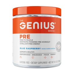 The Genius Brand Genius Pre - Clean Pre-Workout Powder for Energy, Focus & Fitness Support - No Artificial Flavors, Conservatives, or Proprietary Blends - Non-GMO - 20 Servers - Blue Raspberry