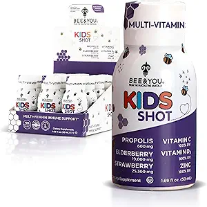 Bee and You Kids Immune Support Supplement, 100% Natural Propolis, Vitamine C, Vlierbessen, Raw Honing, Antioxidanten, Alternatief voor Gummies, Grote Smaak, 12 Pack, 1.69 fl. oz Elke