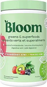 Bloom Nutrition Superfood Greens Powder, Digestieve enzymen met Probiotica en Prebiotica, Gut Health, Bloating Relief for Women, Chlorella, Juice Mix met Beet Root Powder, 25 SVG, Aardbei Kiwi