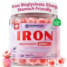 Vegan Iron Supplement for Women 25mg, Sugar Free Iron Gummies with Vitamin C, Methy B12, Folate for Energy Boost, Iron Deficency, No After Taste, Peach Flavor - 60 Count (Pack of 2)