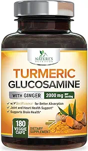 Kurkuma Curcumin Supplement 2000mg - 95% Curcuminoïden met Glucosamine, Ginger & MSM, BioPerine Black Pepper voor Beste Absorptie, Nature's Vegan Joint Support, Non-GMO, Flested in USA - 180 Capsules