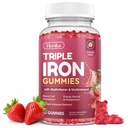Iron Gummies for Women, Triple Iron Supplement with Multivitamin Iron Gummies with Vitamin C, A, B, Folate, Copper, Zinc for Energy & Blood Support, Immune Health, Vegan, Strawberry Flavor, 60 Counts